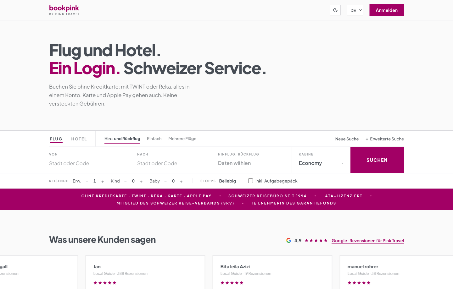 Vorschau: die bookpink-Startseite mit Flug- und Hotelsuche